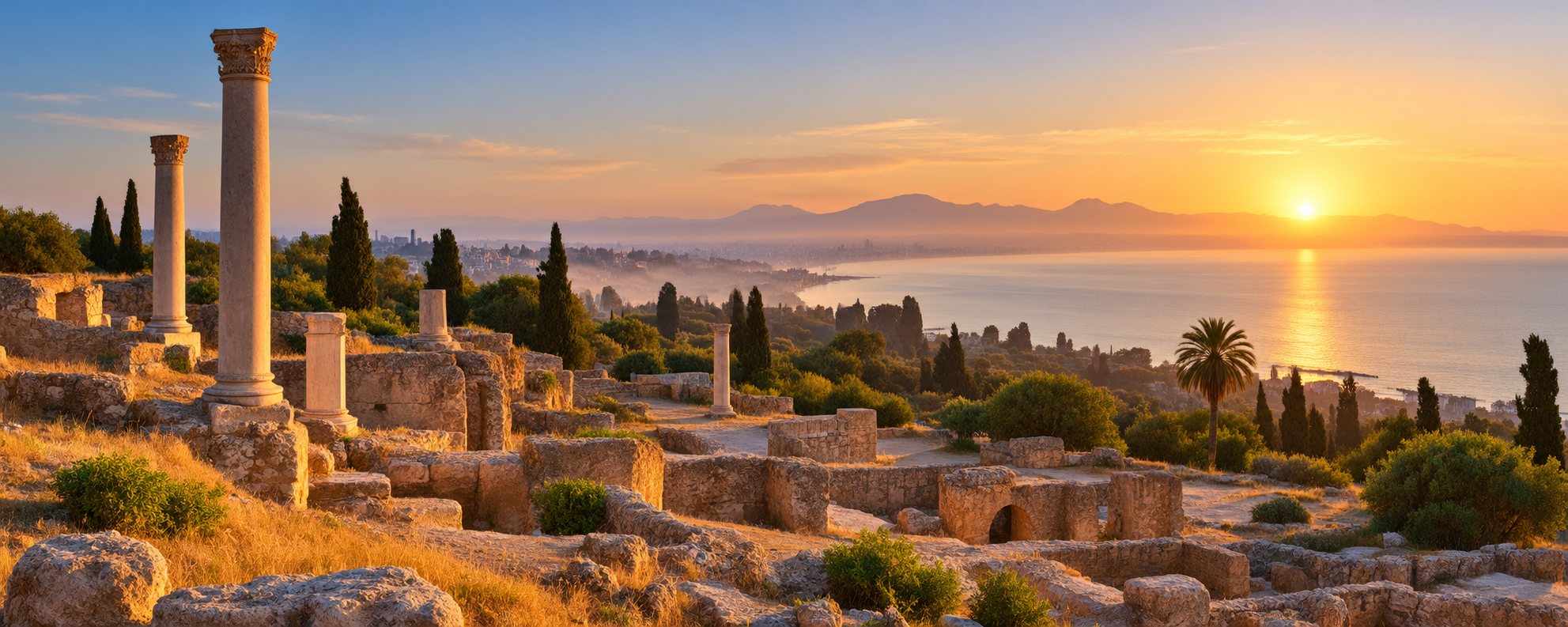 Les colonnes romaines du site archéologique de Carthage face à la Méditerranée