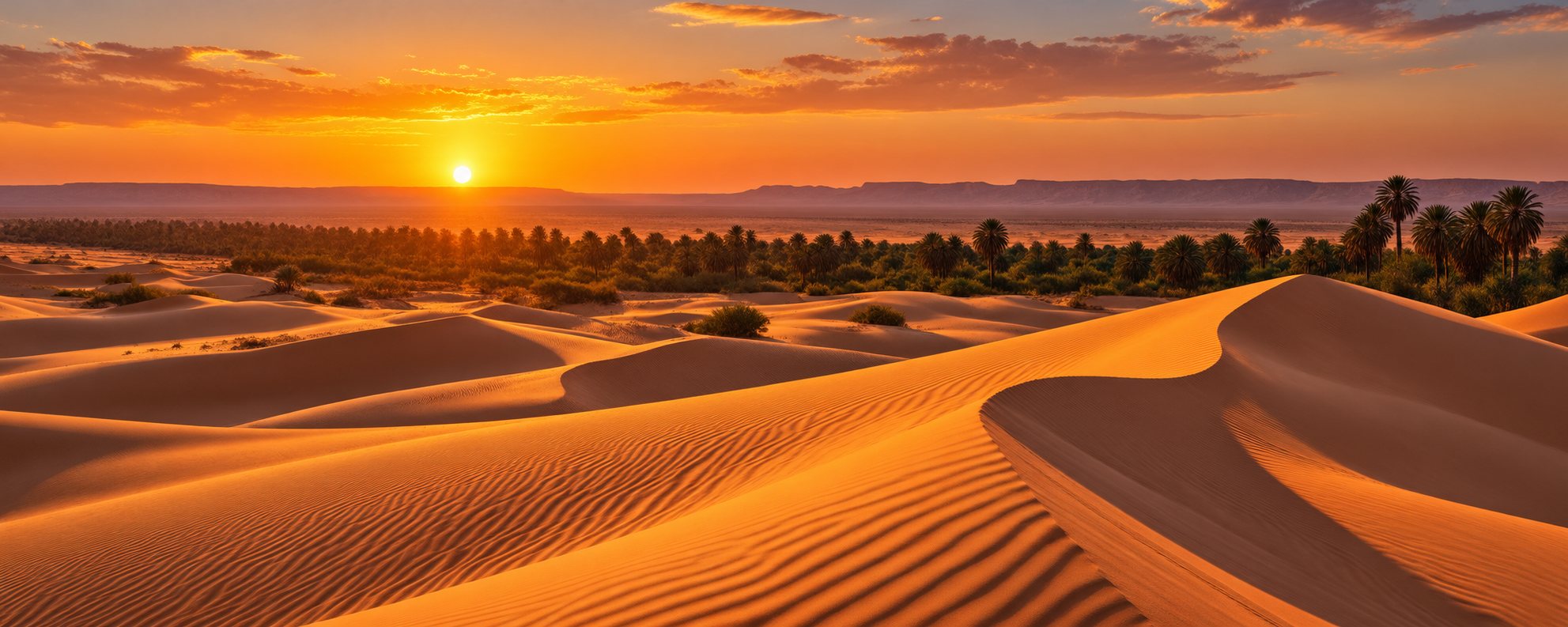 Les dunes du Sahara tunisien et la palmeraie de l'oasis au couchant