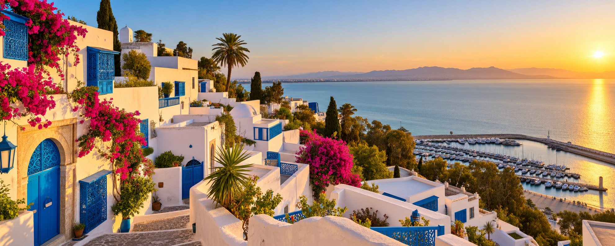 Les terrasses blanches et bleues de Sidi Bou Saïd dominant le golfe de Tunis au coucher du soleil