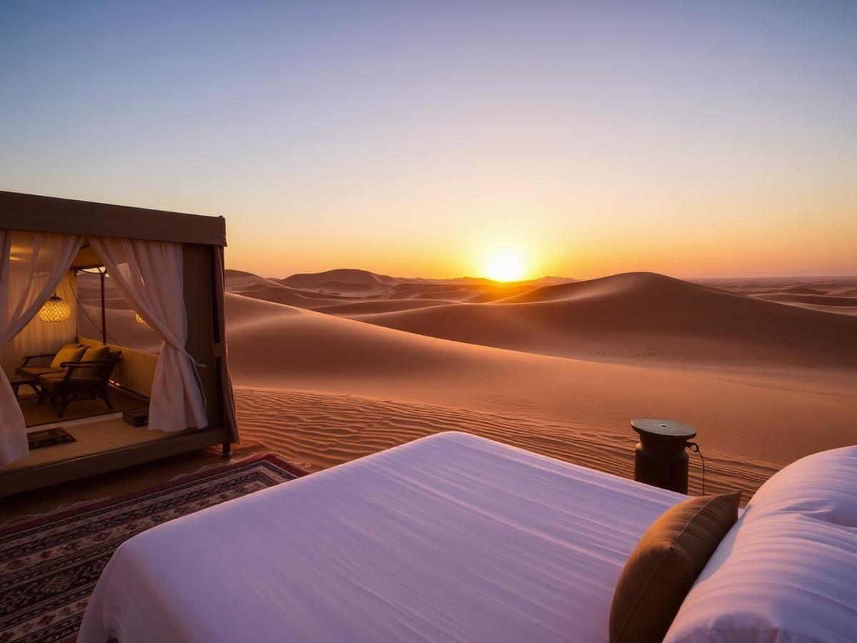 Camp au coucher du soleil dans le Sahara tunisien
