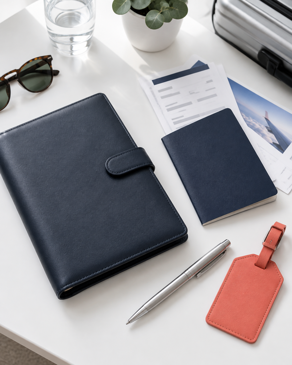 Dossier de voyage professionnel, carnet, stylo et étiquette de bagage sur un bureau clair.